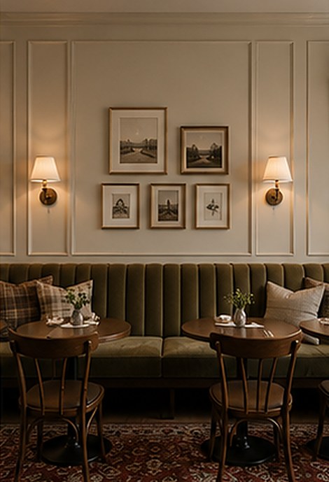 An olive velvet banquette beneath a gallery of framed prints, café tables set for two