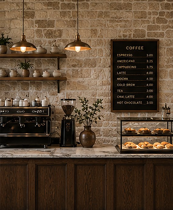 The espresso bar: brass pendant lamps over a marble counter, a letterboard menu, and pastries under glass