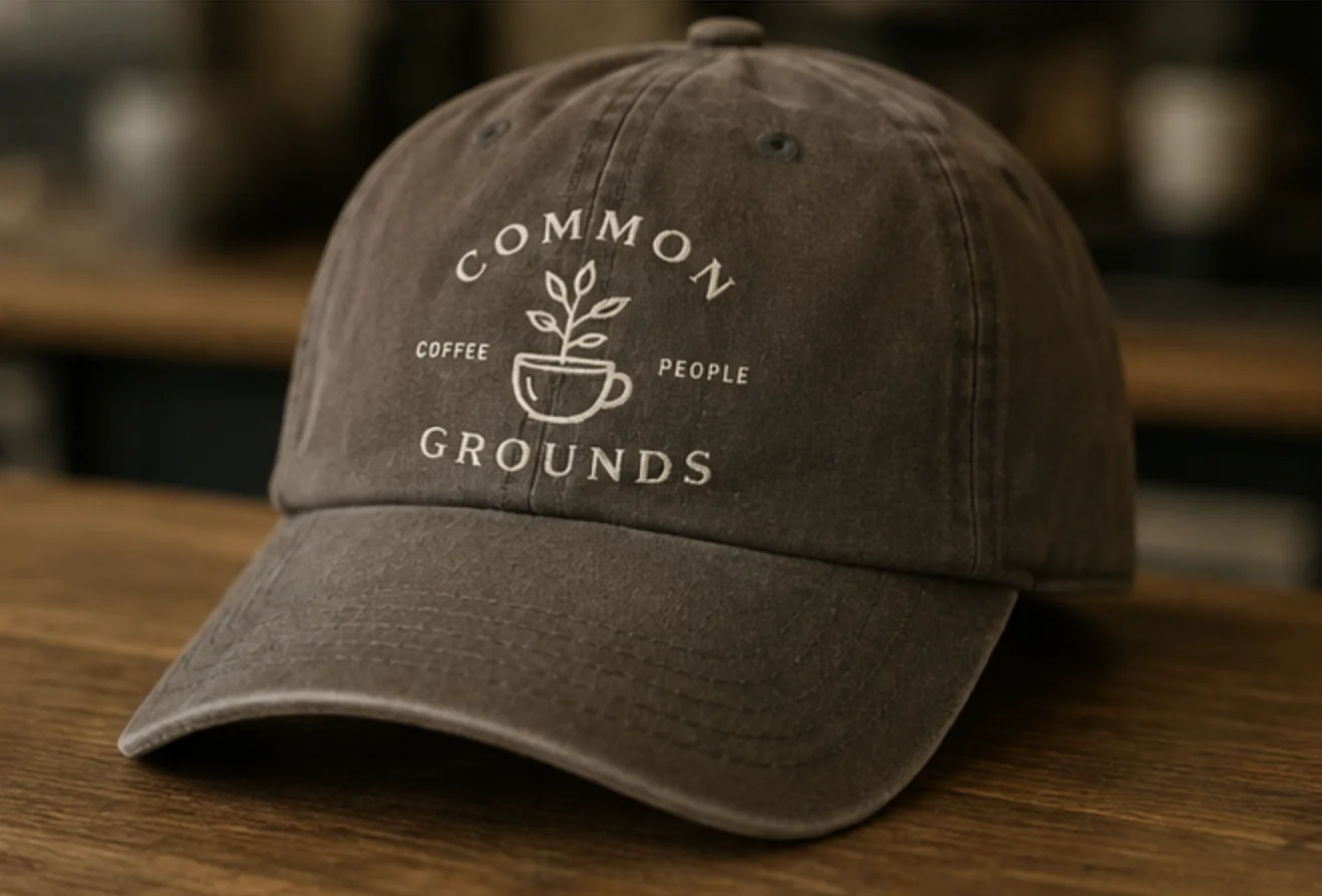 Brown Common Grounds cap embroidered with the cup and sprout logo