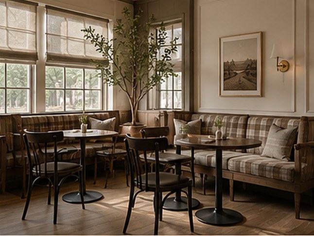 A sunny corner of the shop: plaid banquettes, bentwood chairs, and a potted tree by the windows