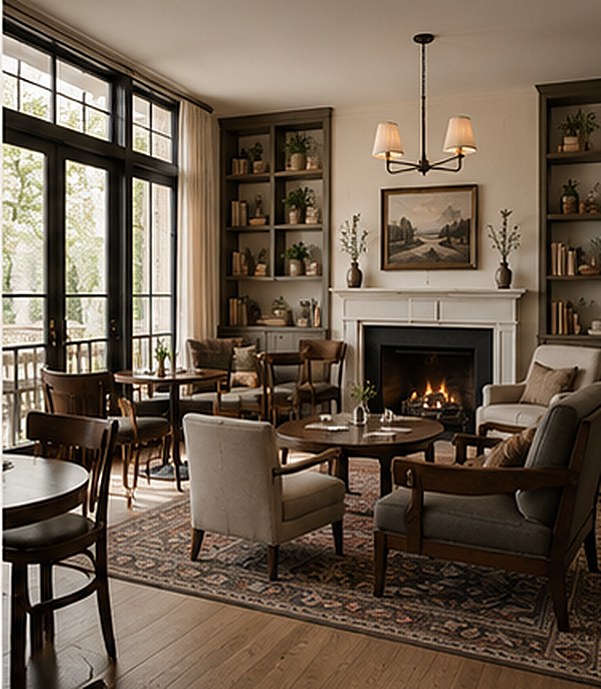 The fireside lounge: armchairs and bentwood chairs gathered on a vintage rug before a lit fireplace