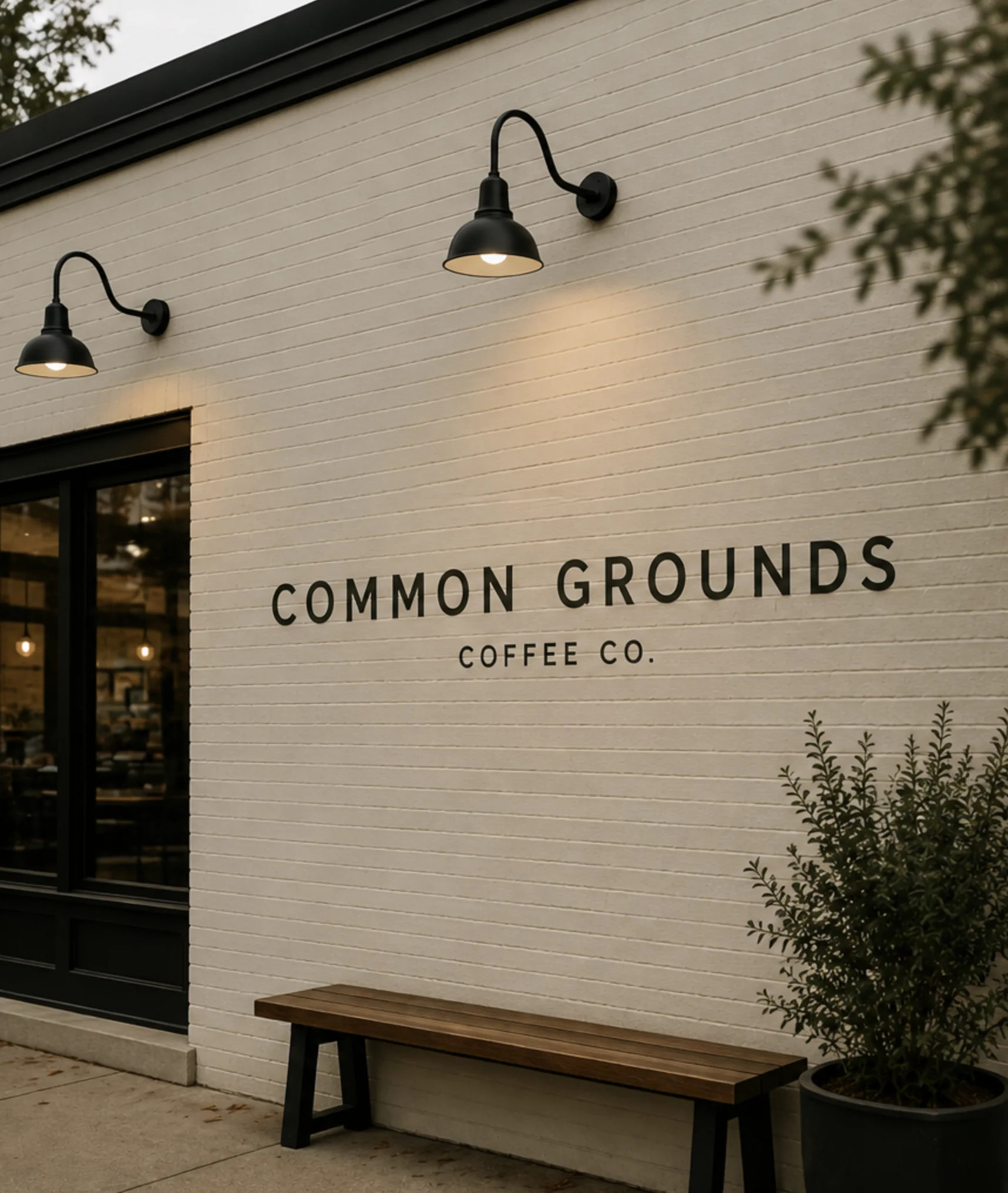 The warm brick exterior of Common Grounds coffee shop, lit by black gooseneck lamps